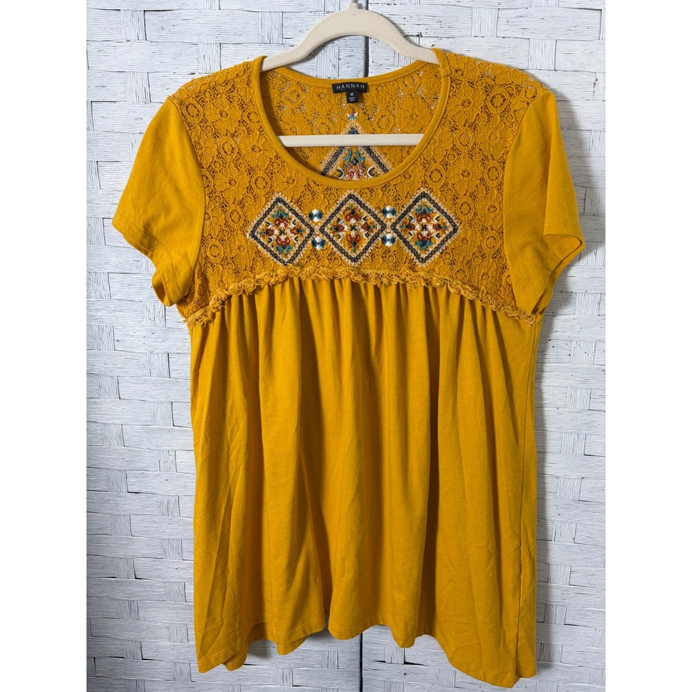 Hannah Womens Mustard Yellow Lace Boho Embroidered Lacr Babydoll Top 64270